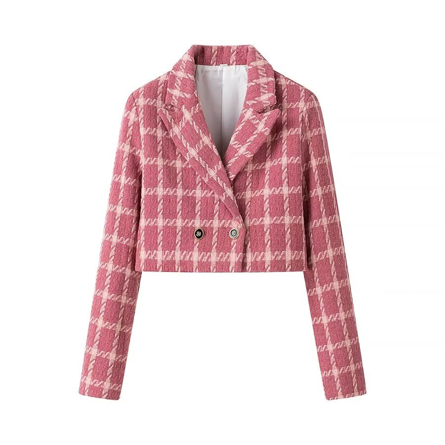 Winter Women Clothing Fashionable Elegant Collared Long Sleeve Breasted Short Plaid Coat Red