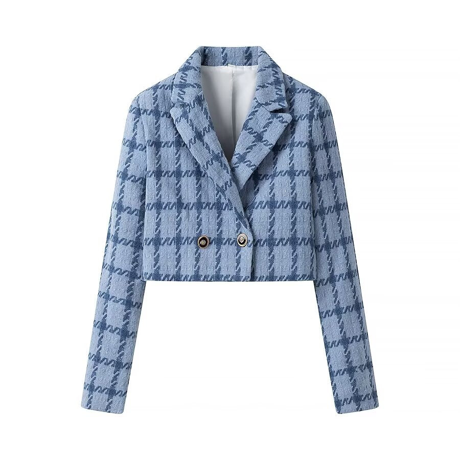 Winter Women Clothing Fashionable Elegant Collared Long Sleeve Breasted Short Plaid Coat Blue