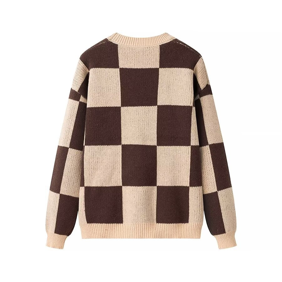 Winter Women Clothing Casual All Match round Neck Long Sleeve Plaid Mid Length Sweater