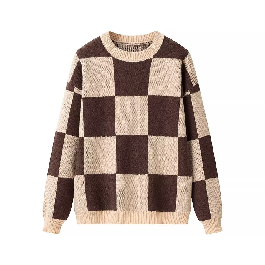 Winter Women Clothing Casual All Match round Neck Long Sleeve Plaid Mid Length Sweater One Size Multi