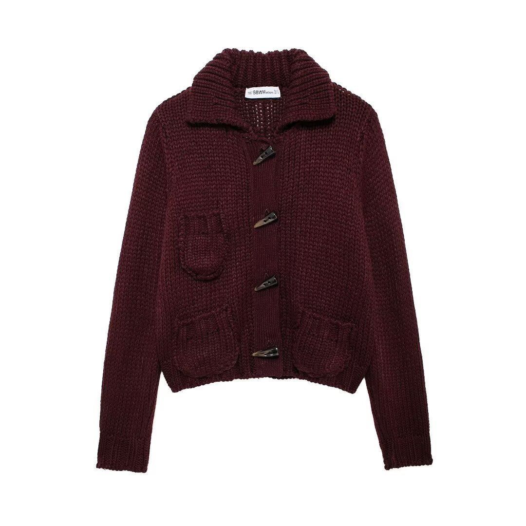 Women Clothing Autumn Women Casual Long Sleeve Collared Short Thick Needle Coat Burgundy