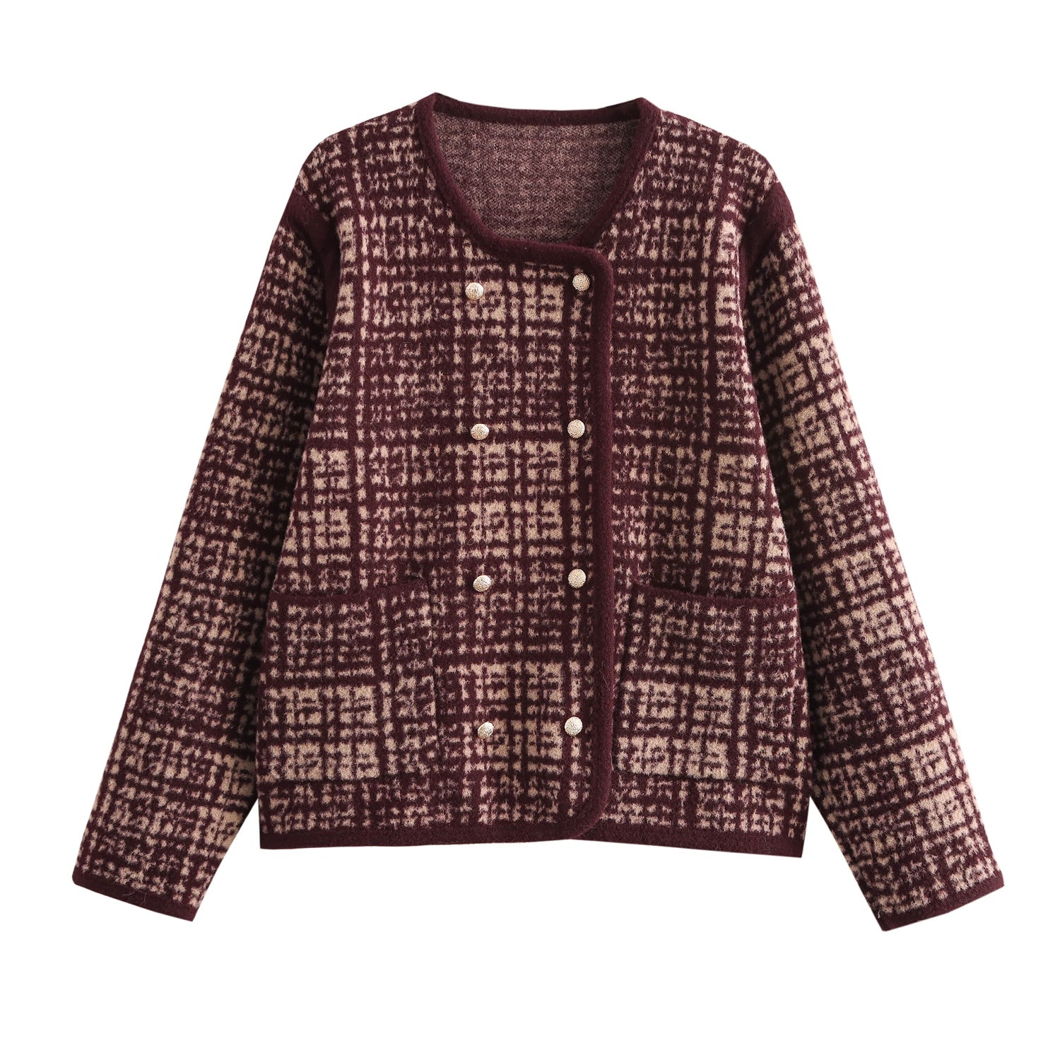 Women Clothing Jacquard Plaid Classic Knitted Cardigan Double Breasted Contrast Color Sweater Coat