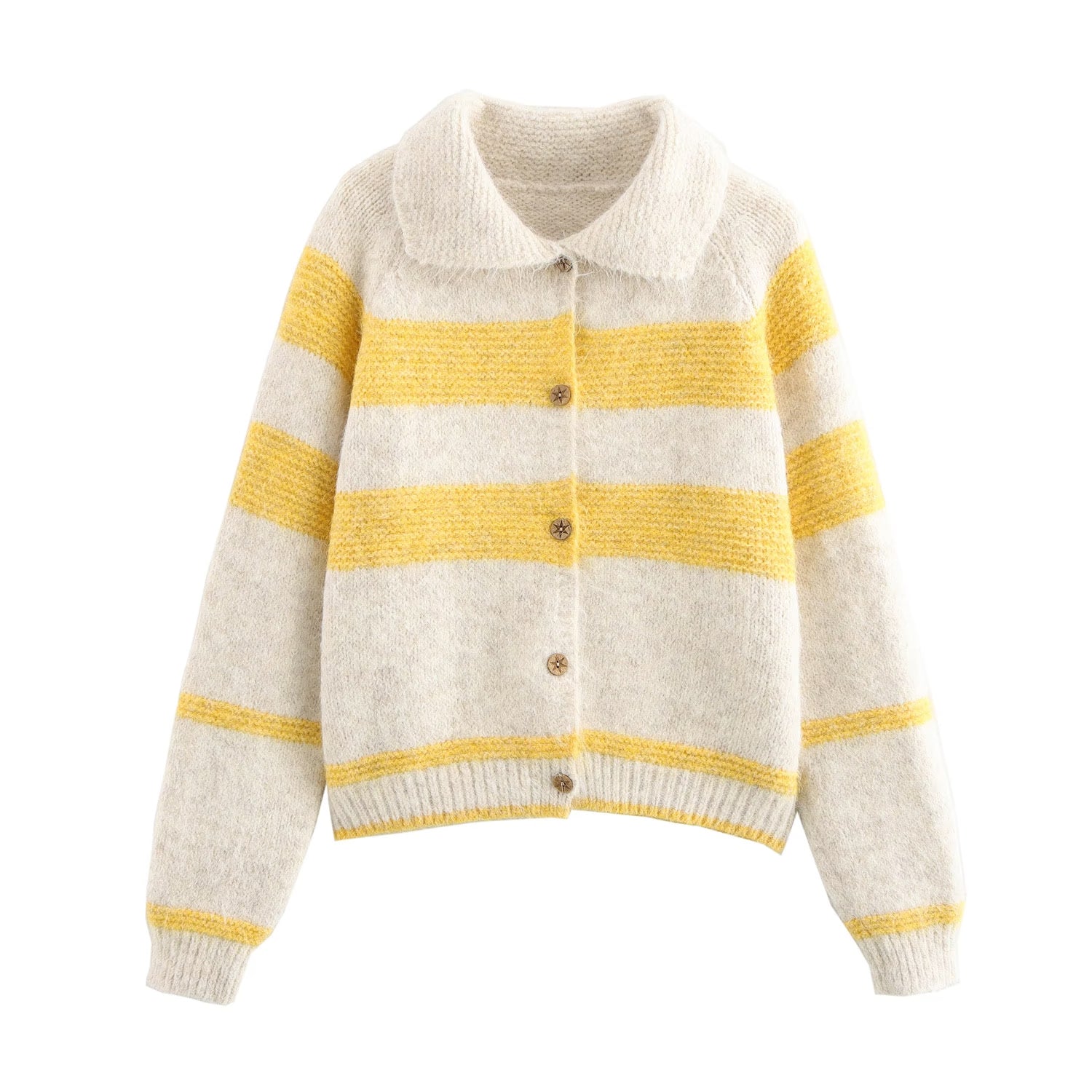 Wide Striped Contrast Color Lapels Knitted Sweater Cardigan Coat