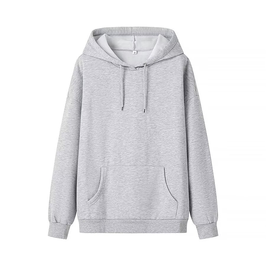 Winter Women Casual Drawstring Pocket Decoration Long Sleeve Hooded Fleece Lined Sweater Light Gray