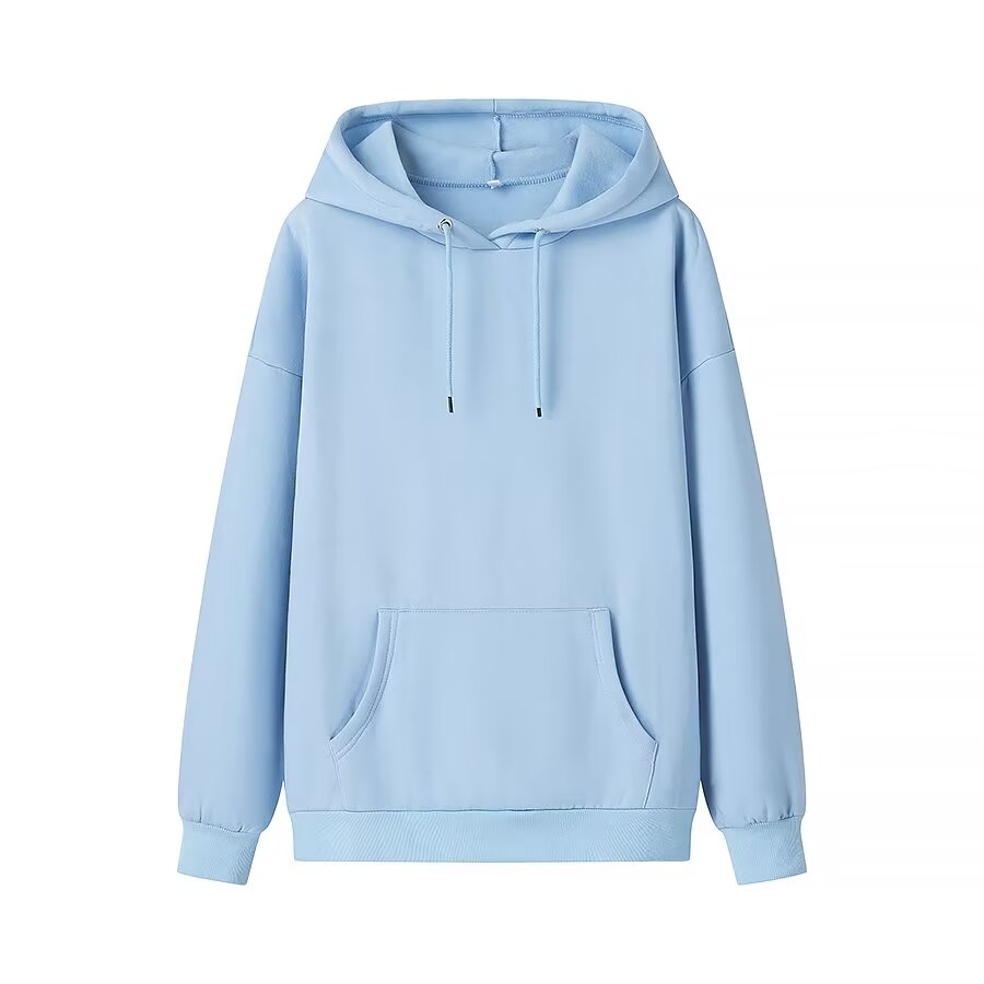 Winter Women Casual Drawstring Pocket Decoration Long Sleeve Hooded Fleece Lined Sweater light blue