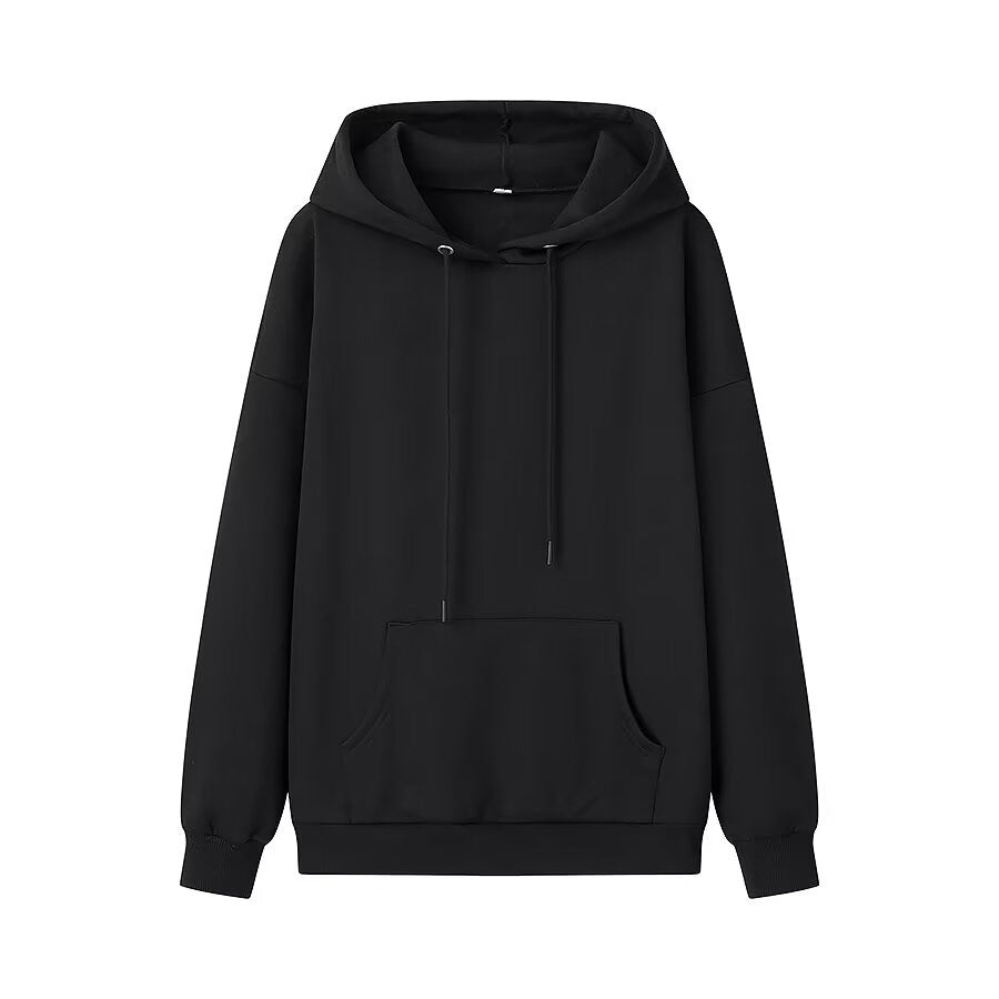 Winter Women Casual Drawstring Pocket Decoration Long Sleeve Hooded Fleece Lined Sweater Black