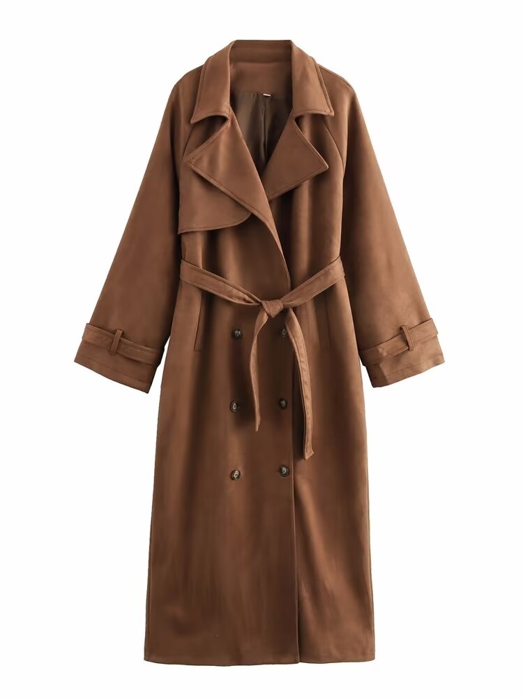 Winter Women Double Button Collared Long Jacket Trench Coat Coat for Women Dark Brown