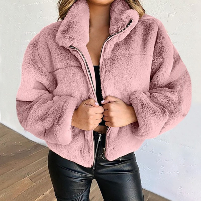 Women Clothing Autumn Winter Zipper Cardigan Plush Warm Coat