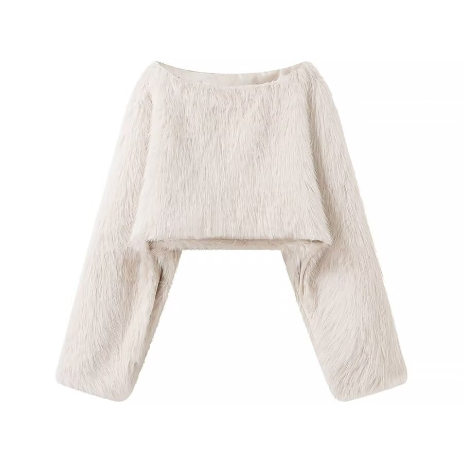 Winter Women round Neck Artificial Fur Effect Short Sweater Loose Top