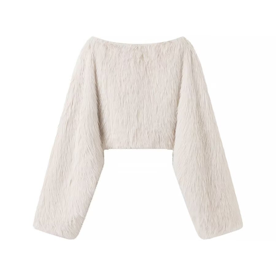 Winter Women round Neck Artificial Fur Effect Short Sweater Loose Top