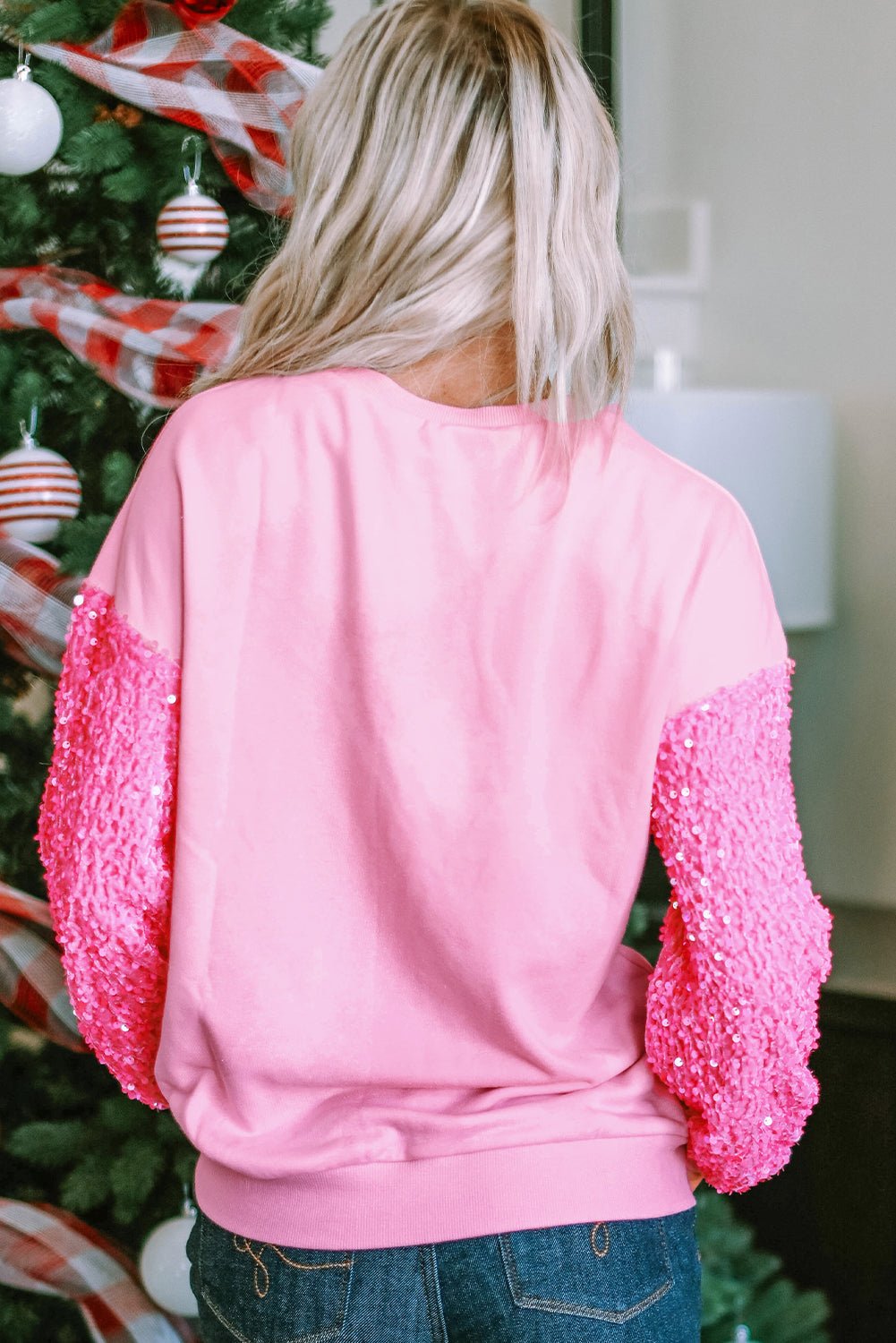 Women Clothing Valentine Day Sequined Sleeves All Match Top Sweet Long Sleeve Sweater for Women