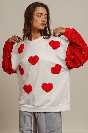 Women Clothing Valentine Day Sequined Sleeves All Match Top Sweet Long Sleeve Sweater for Women White and Red