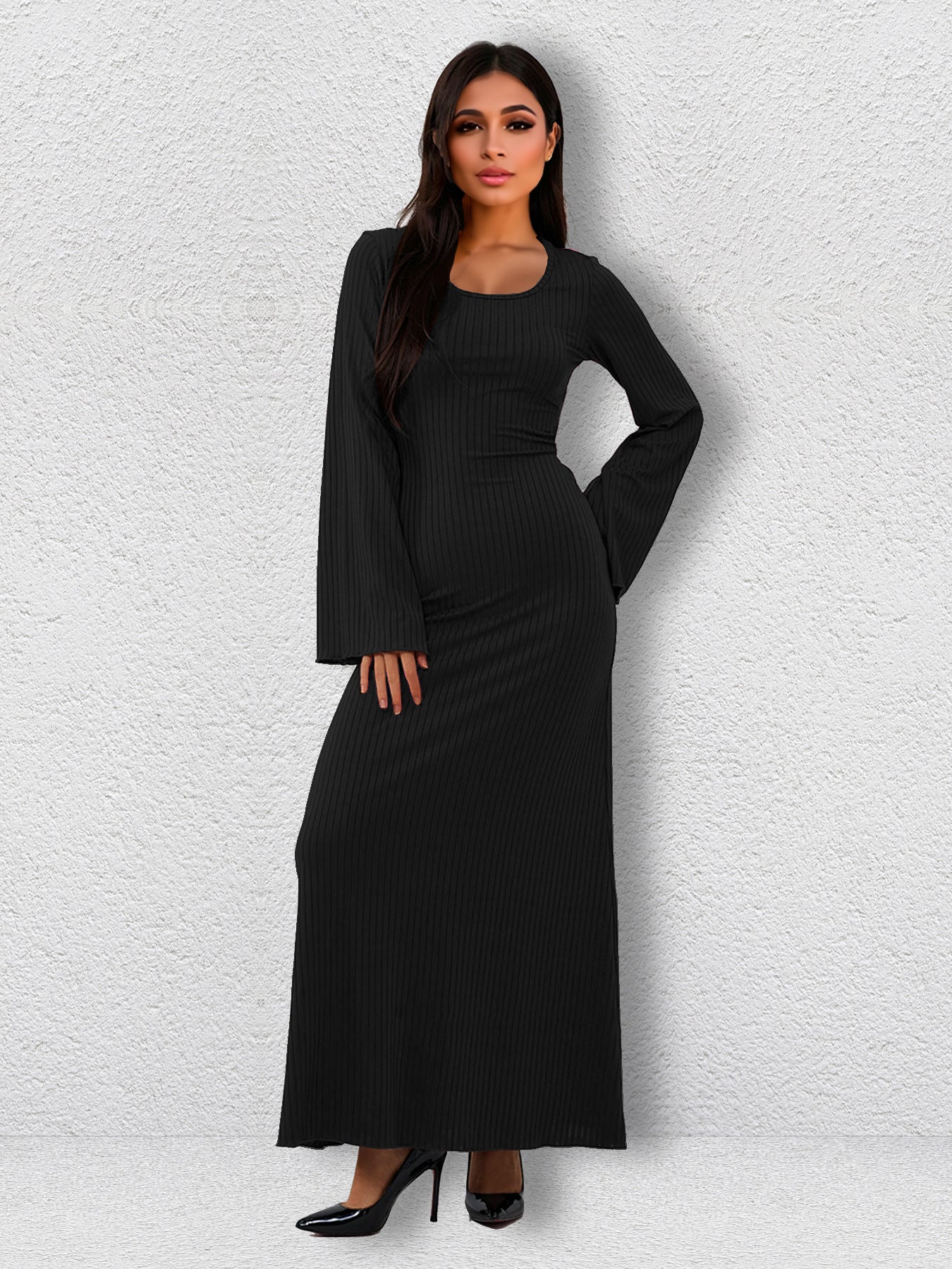 Winter Women Clothing Bandage Big Pit Strip U Neck Long Sleeved Dress Black