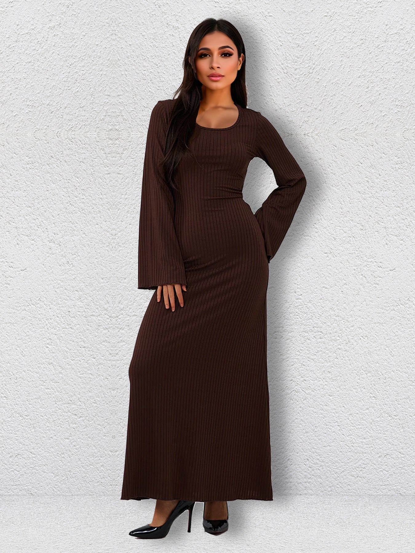 Winter Women Clothing Bandage Big Pit Strip U Neck Long Sleeved Dress Coffee