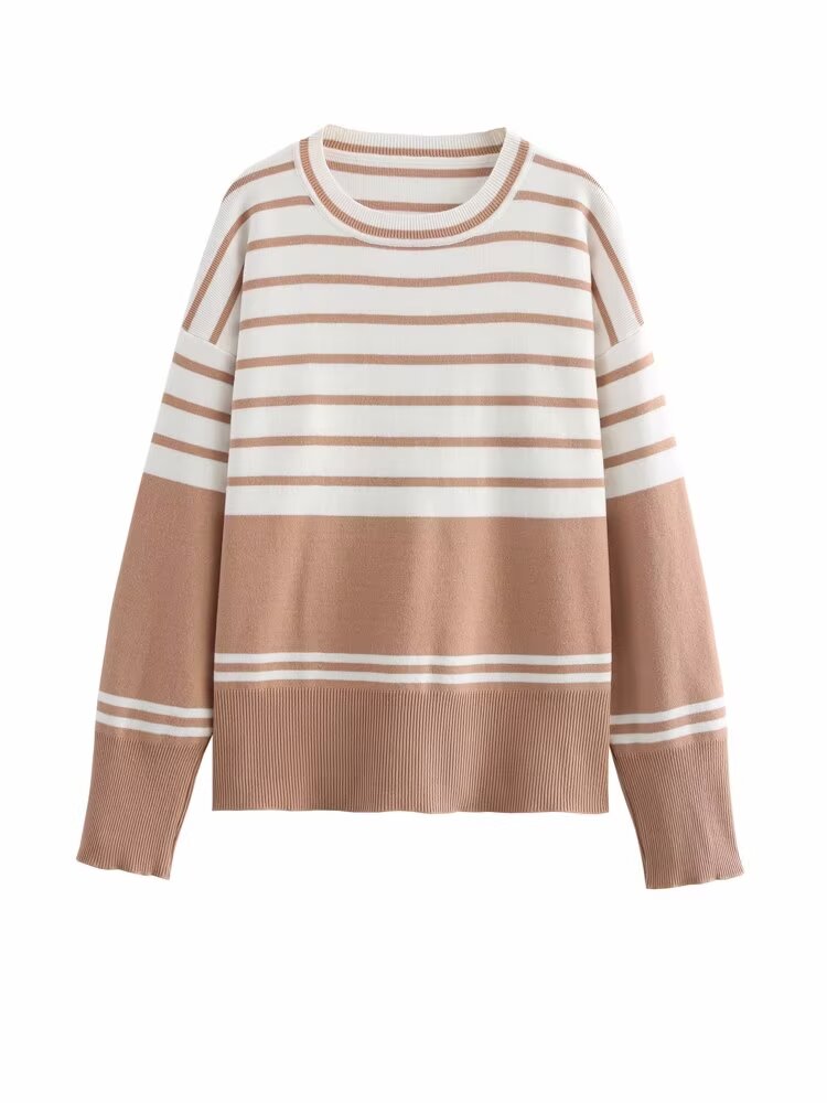 Winter Women Clothing Simple Three Color Striped Knitted Pullover Crew Neck Sweater