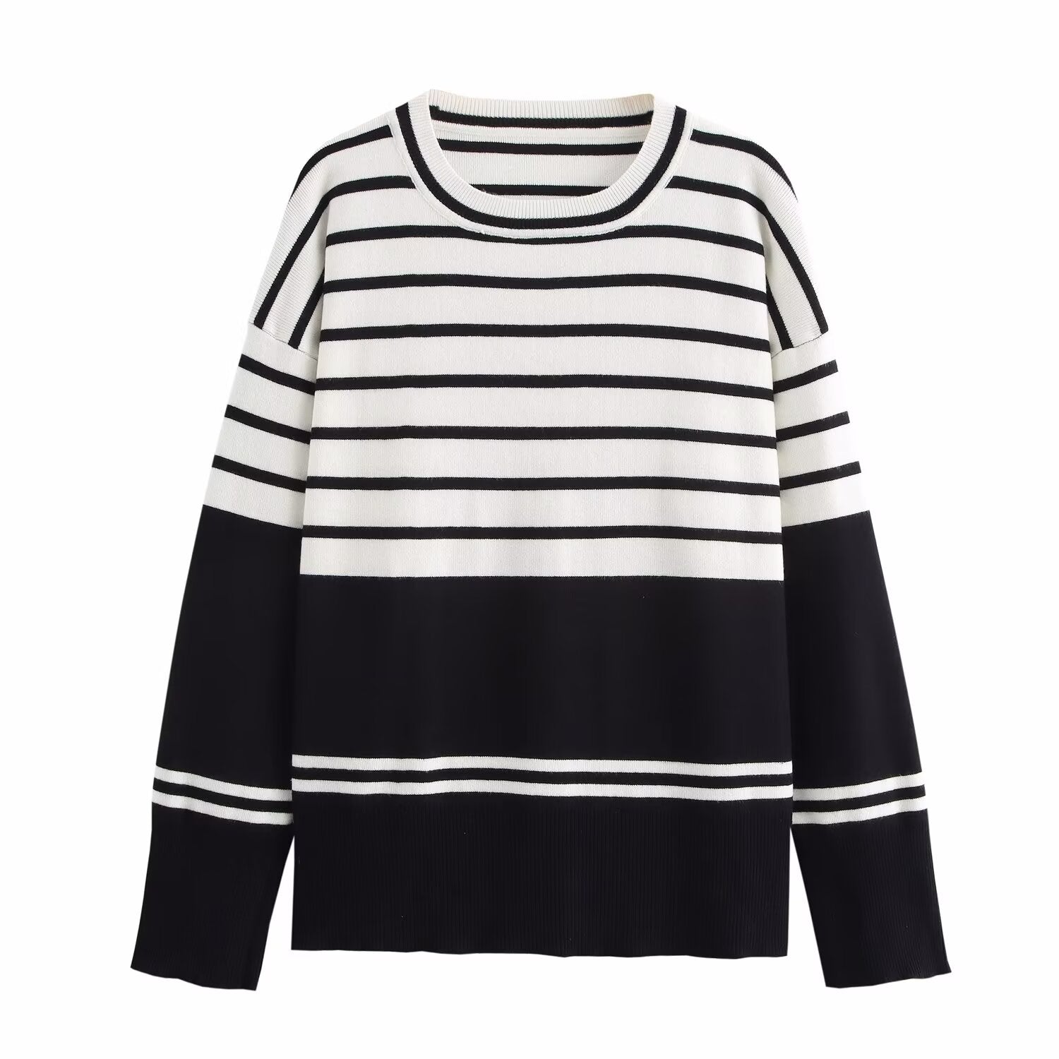 Winter Women Clothing Simple Three Color Striped Knitted Pullover Crew Neck Sweater One Size Black