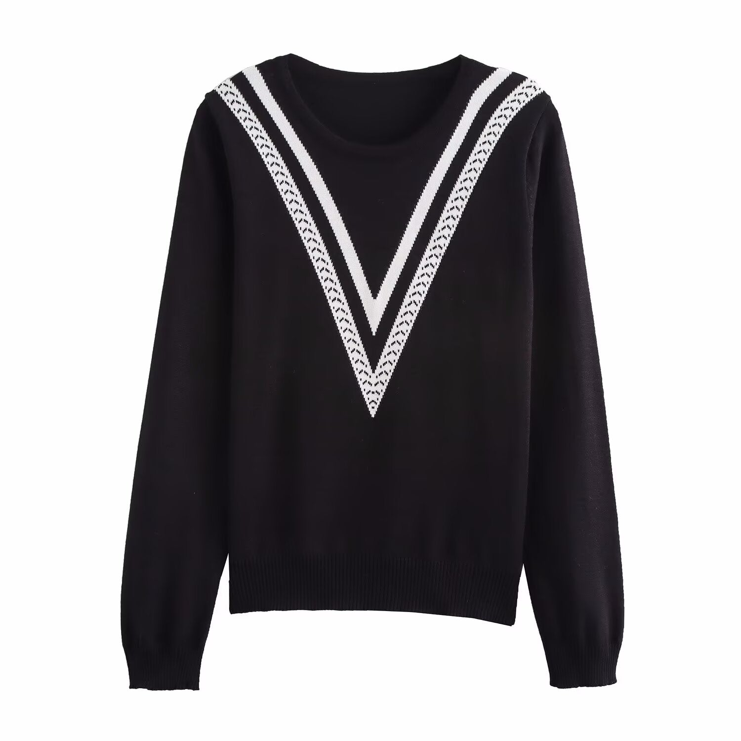 Winter Women Clothing Two Colors Contrast Color Long Sleeves Knitted Pullover Sweater One Size Black