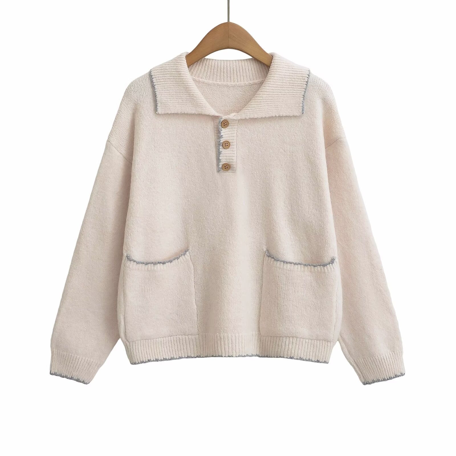 Winter Women Clothing Stylish Simple Collared Pullover Knitting Long Sleeve Top One Size Ivory