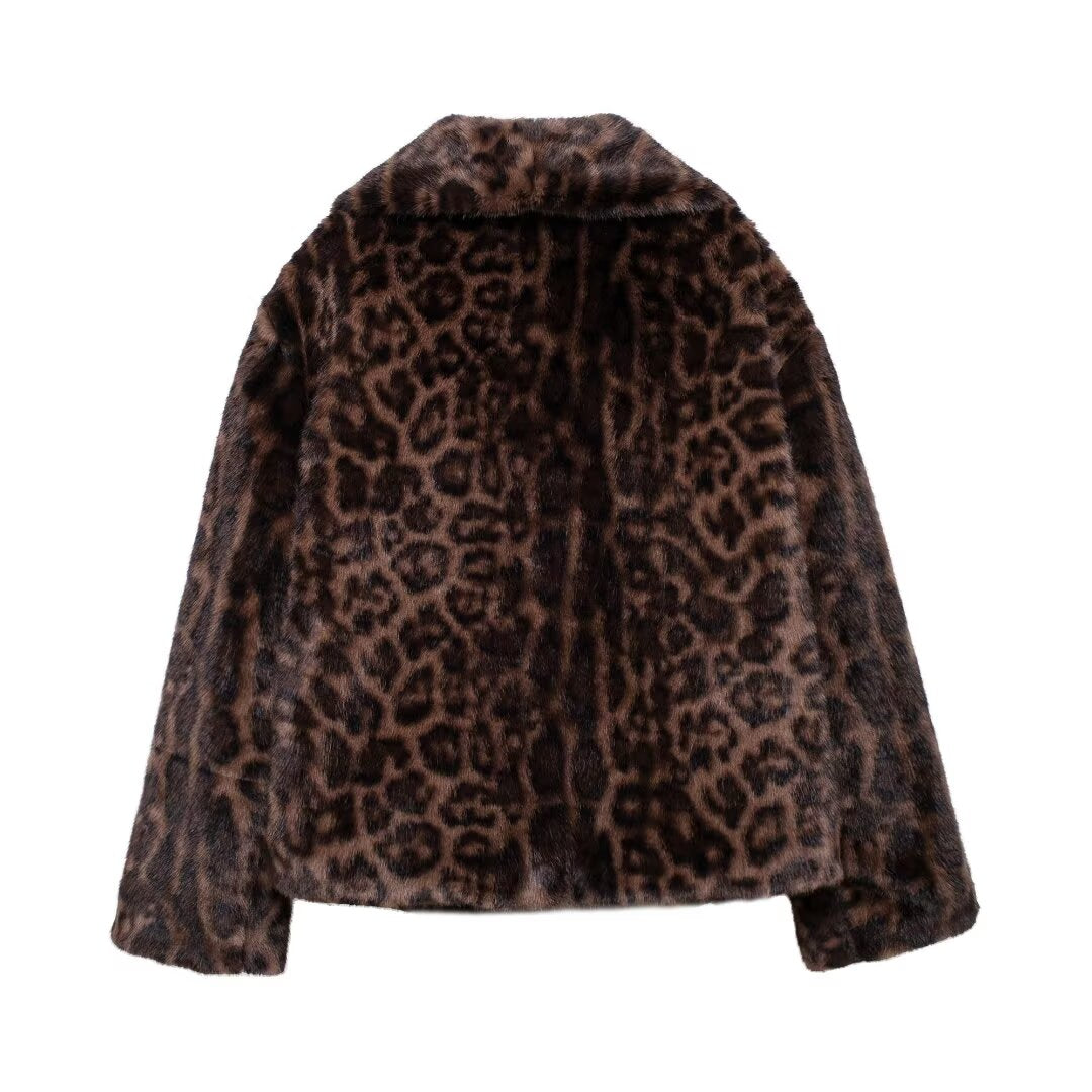 Women Clothing Autumn Winter Artificial Fur Effect Short Coat Leopard Print