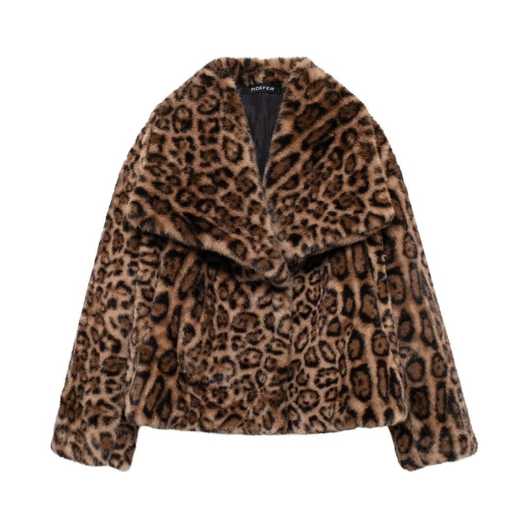 Women Clothing Autumn Winter Artificial Fur Effect Short Coat Leopard Print Light Brown