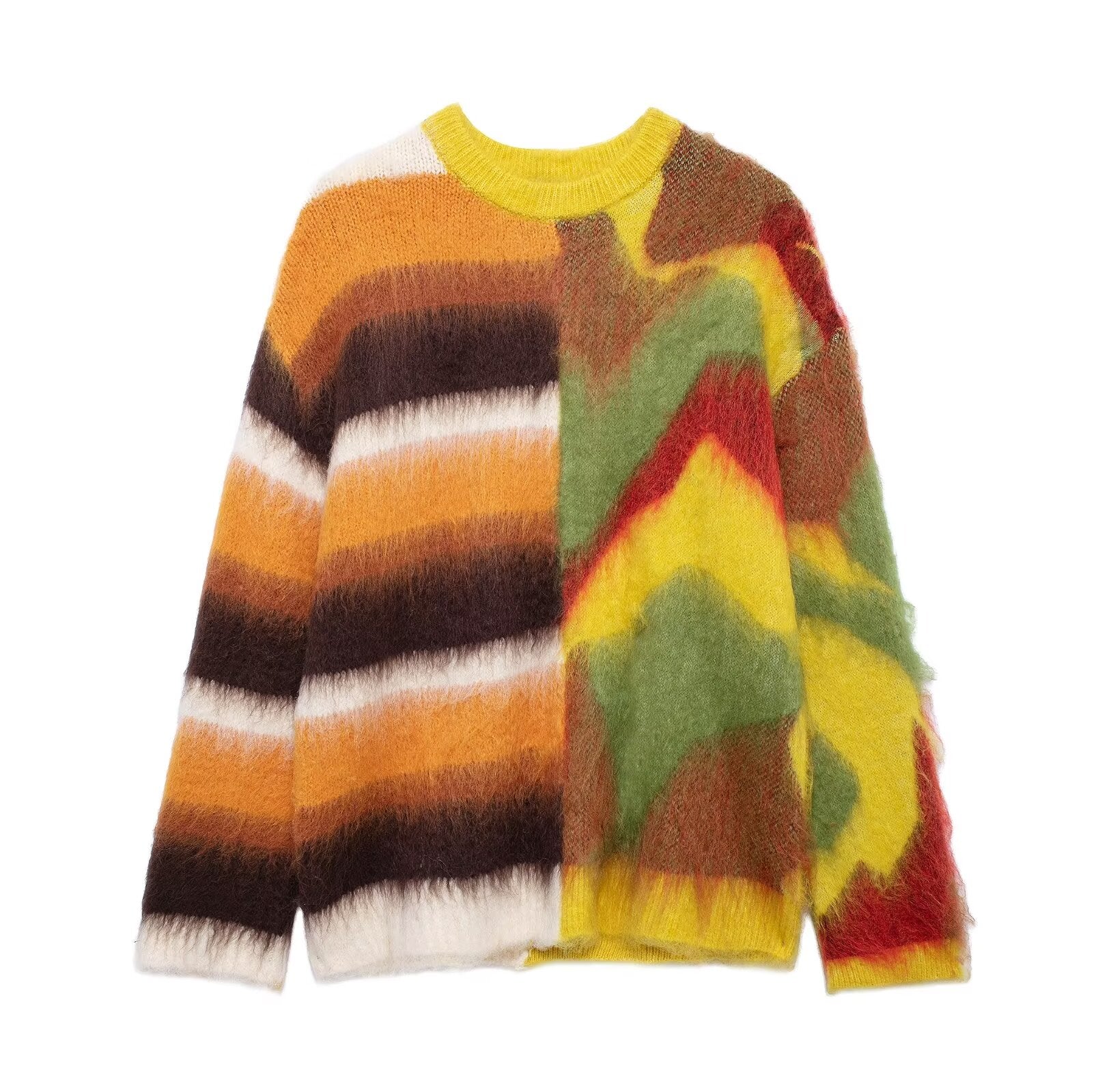 Women Clothing Autumn Winter Rainbow Contrast Jacquard Loose Fitting Knitwear Sweater