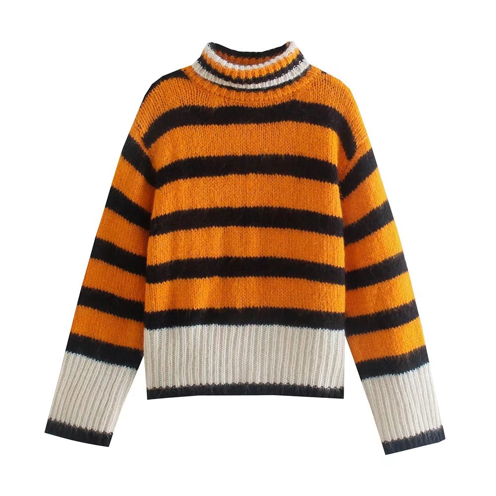 Winter All Matching Striped Mock Neck Long Sleeved Sweater Women Clothing