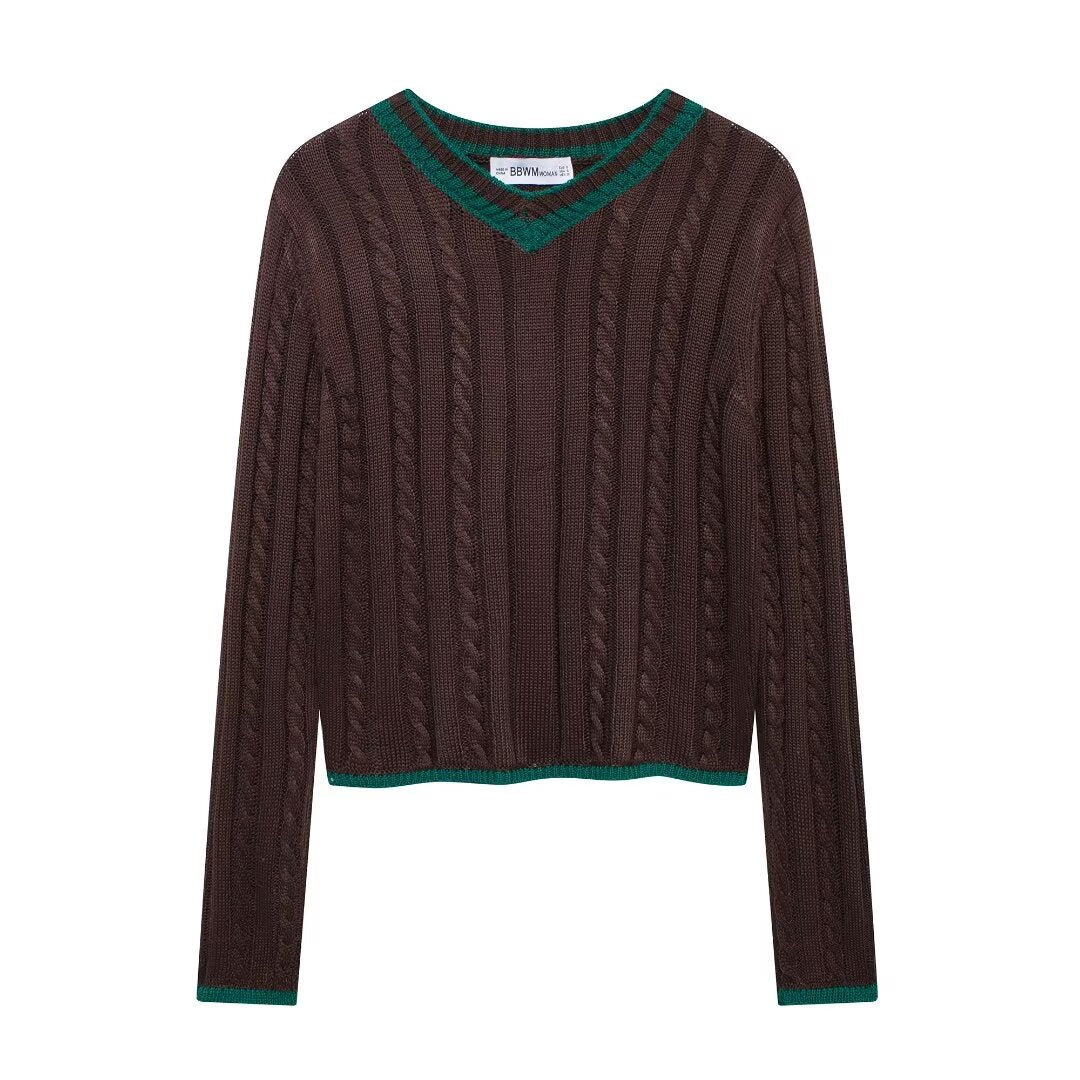 Winter Women Casual Long Sleeve V neck Cable Pattern Knitwear