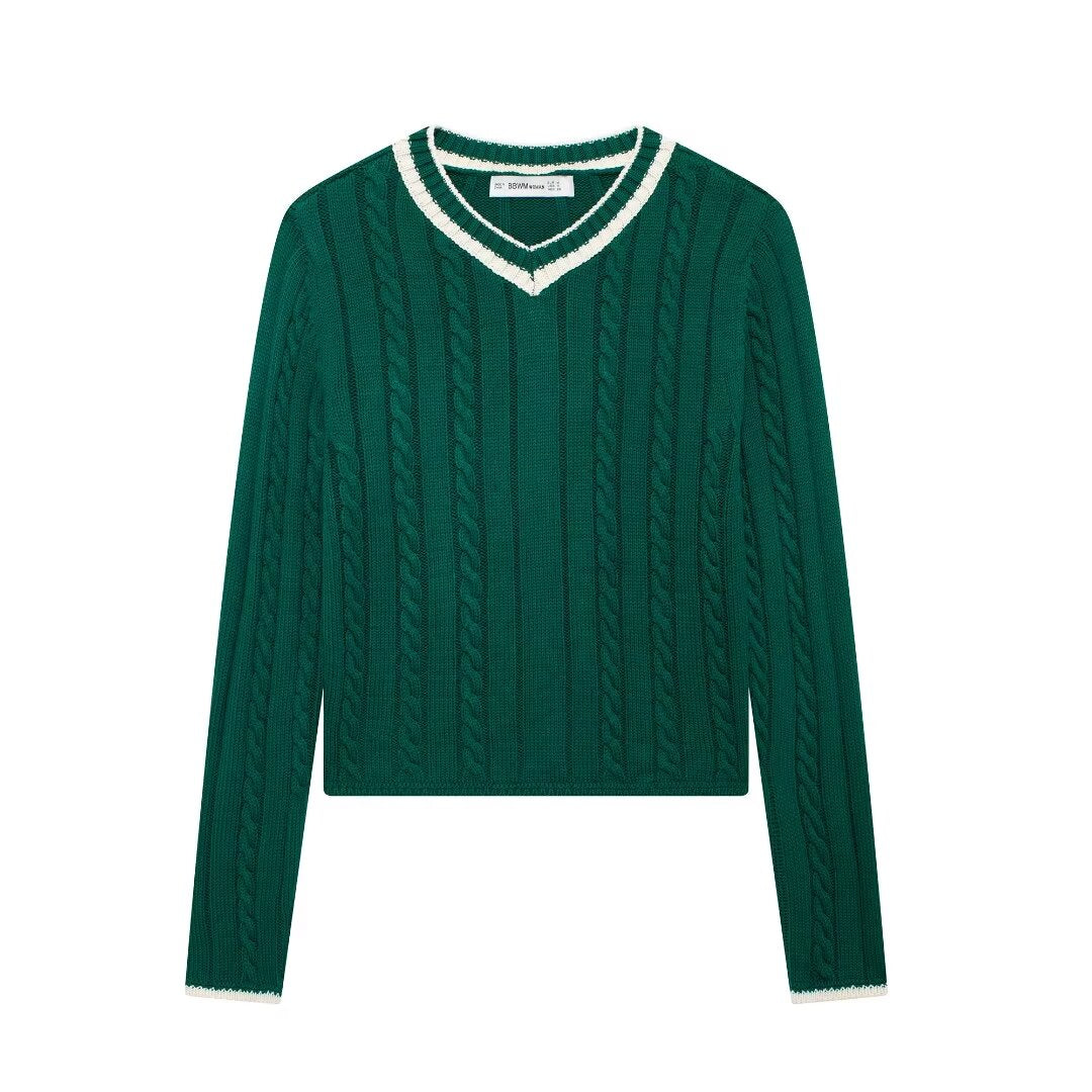 Winter Women Casual Long Sleeve V neck Cable Pattern Knitwear blackish green