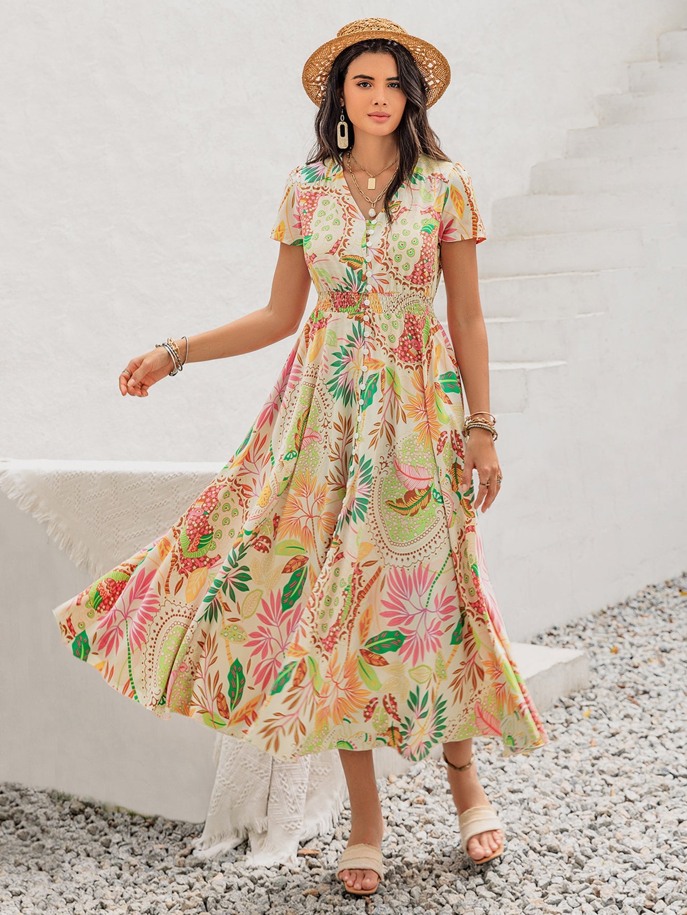 Women Summer Short Sleeve Step Bohemian Dress