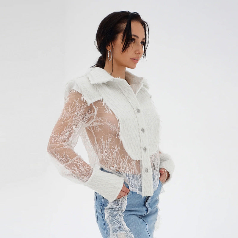 Women Clothing Autumn Winter Lace Stitching See through Sexy Women Shirt