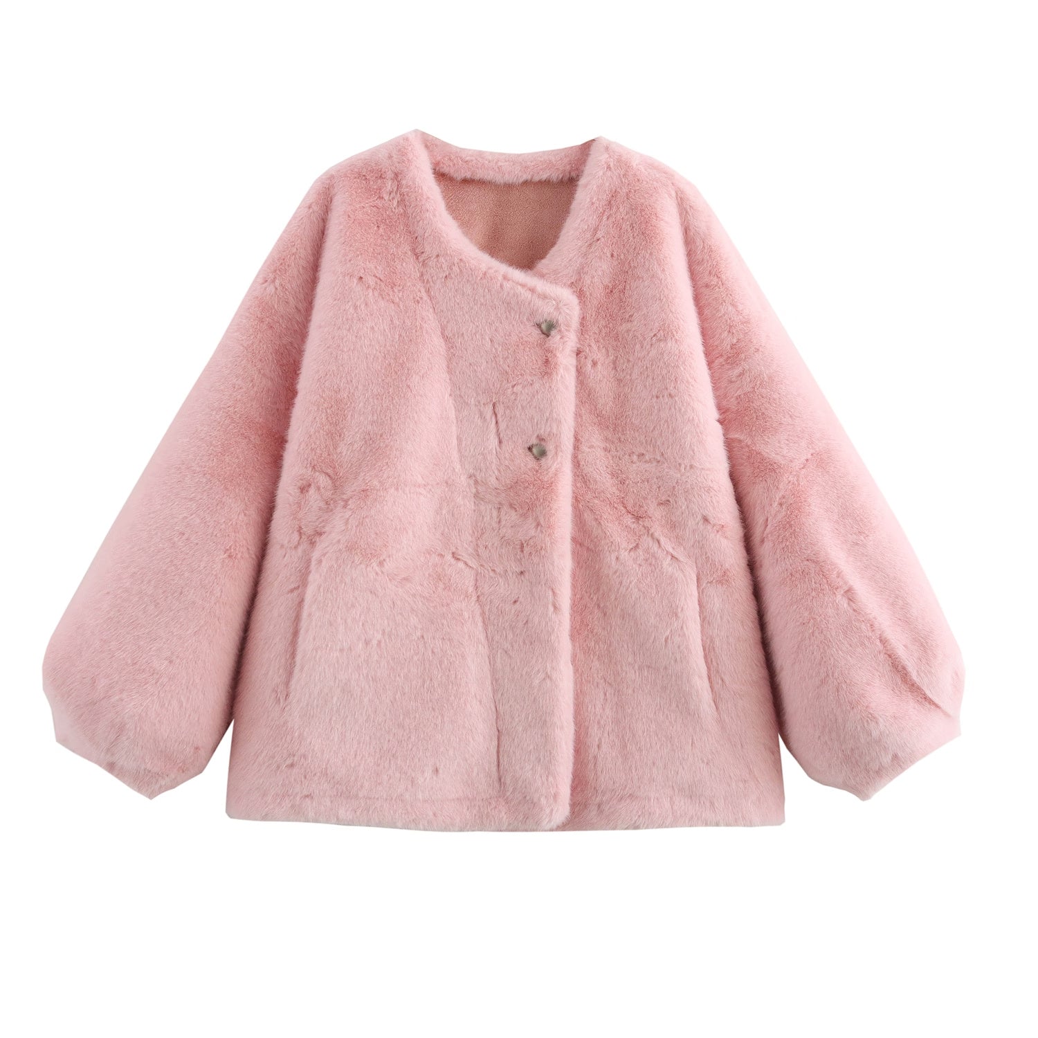 Winter Women Clothing Jacket Color Lantern Sleeve Loose Furry Coat One Size Light pink