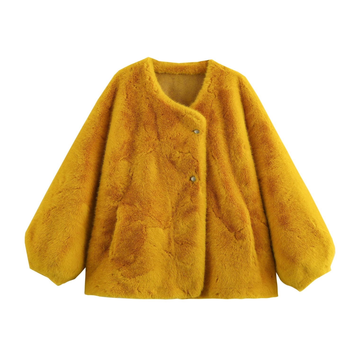 Winter Women Clothing Jacket Color Lantern Sleeve Loose Furry Coat One Size Yellow