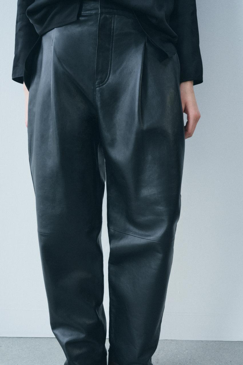 Women All Match Mid Waist Pleated Balloon Faux Leather Trousers