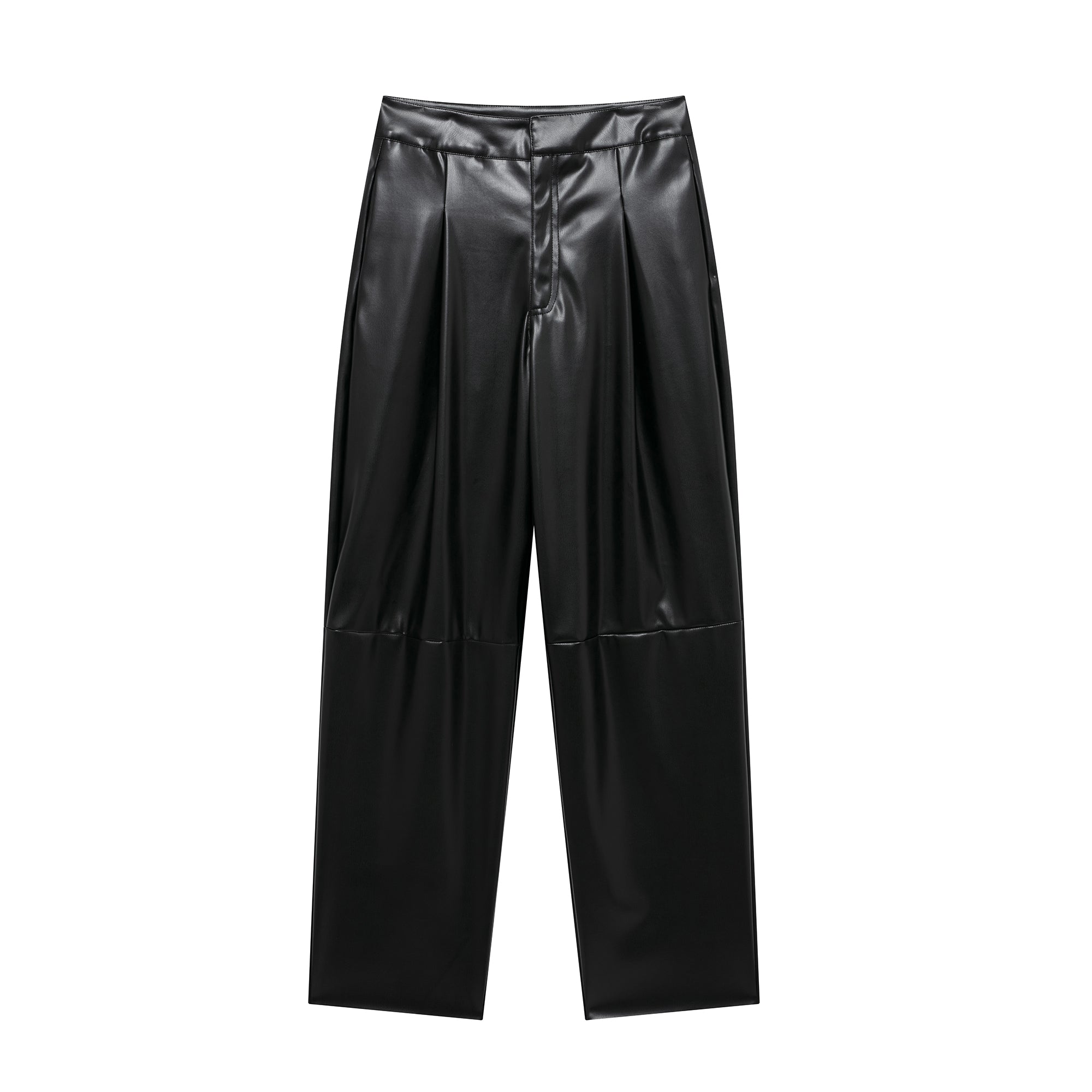 Women All Match Mid Waist Pleated Balloon Faux Leather Trousers Black