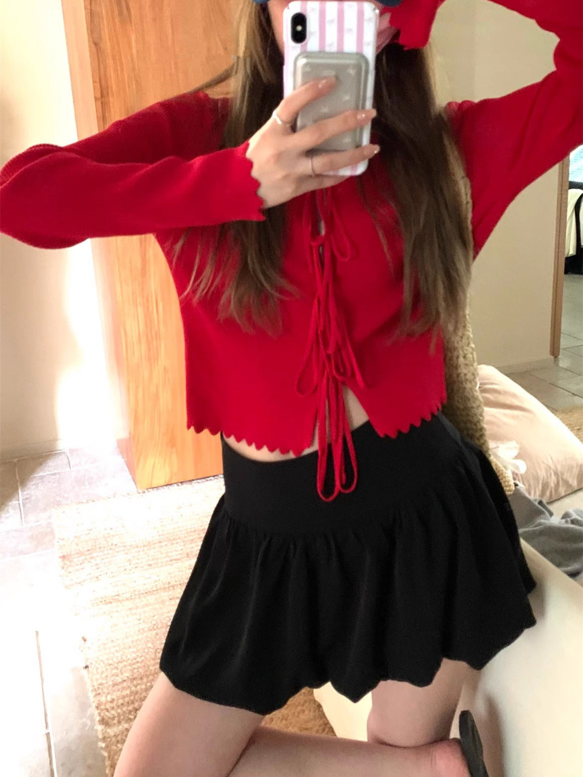 Spring Shirt Women Spring Short Slimming Lace up Knitted Cardigan Top Red