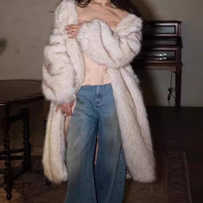 Women Raccoon Fur Coat Long Fox Fur Big Fur Collar Fur Coat Loose Casual Trench Coat Thick