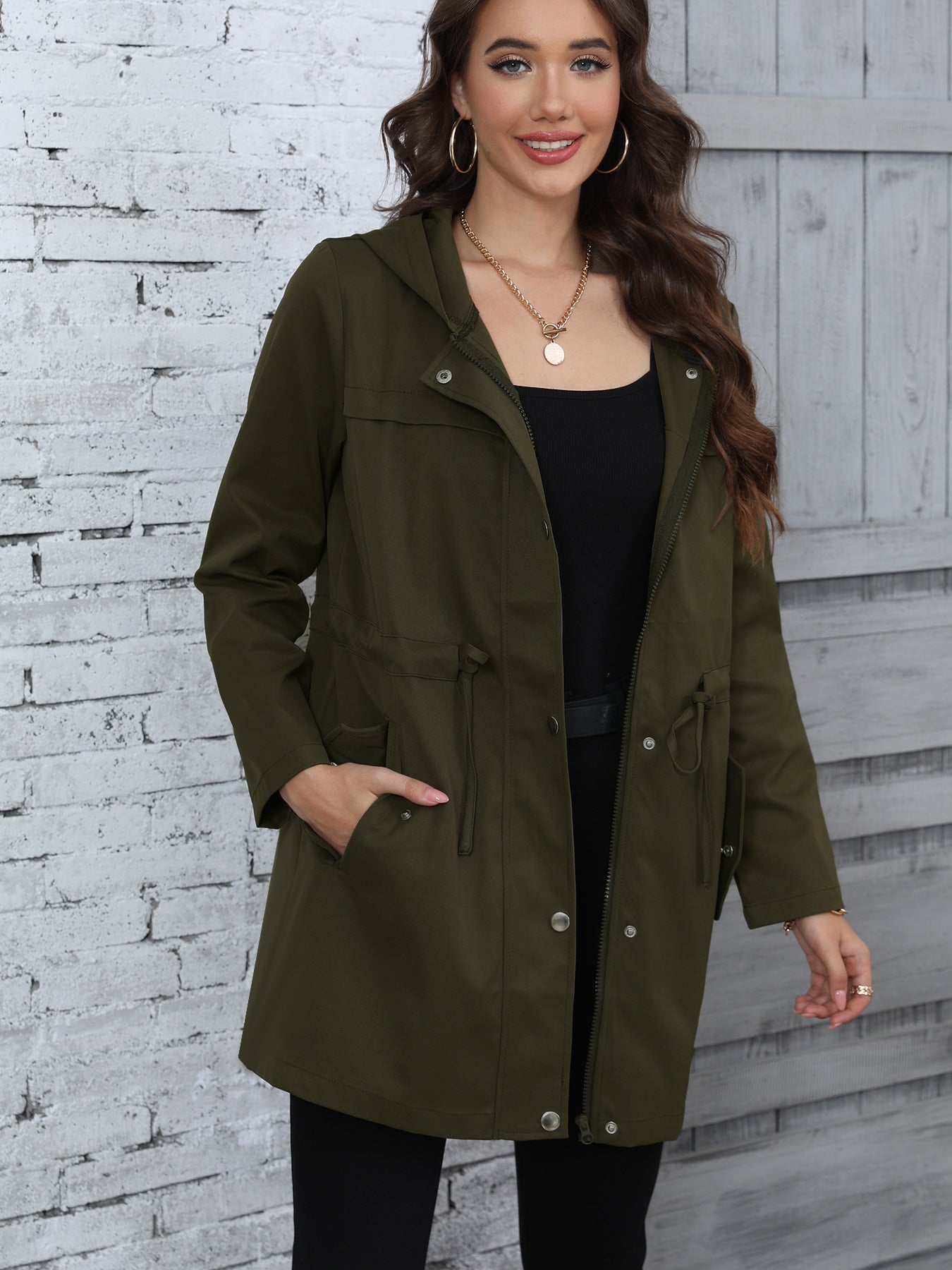 Women Clothing Spring Autumn Anorak Mid Length Waist Trimming Coat Army Green