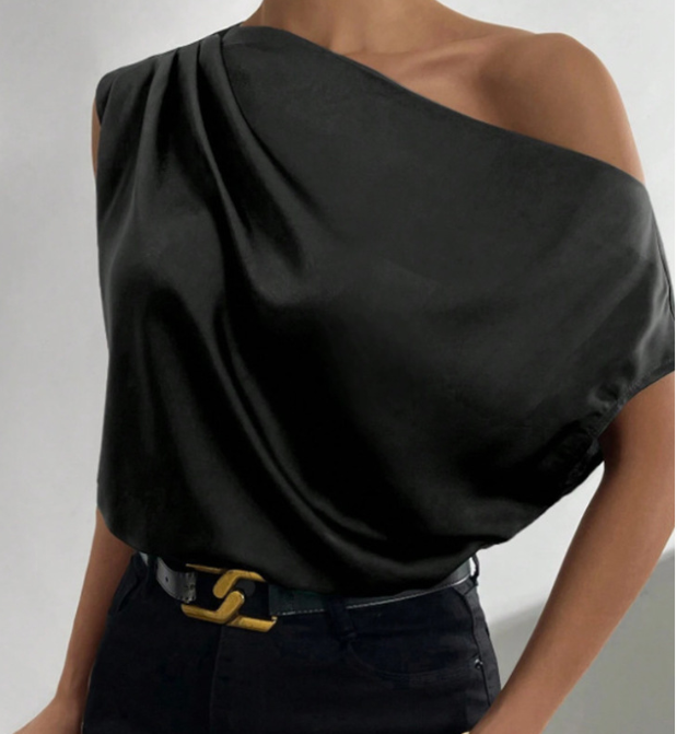 Spring Solid Color Satin Artificial Silk Irregular Asymmetric Shoulder off Shoulder Pullover Sleeveless Shirt Women Clothing