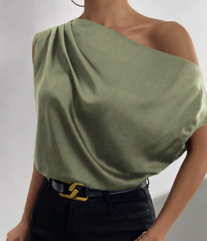 Spring Solid Color Satin Artificial Silk Irregular Asymmetric Shoulder off Shoulder Pullover Sleeveless Shirt Women Clothing