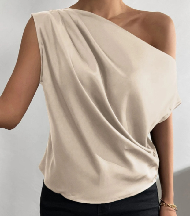 Spring Solid Color Satin Artificial Silk Irregular Asymmetric Shoulder off Shoulder Pullover Sleeveless Shirt Women Clothing