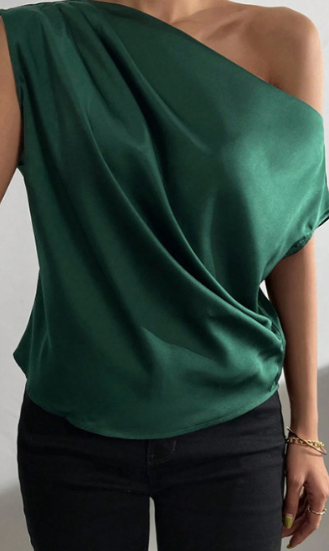 Spring Solid Color Satin Artificial Silk Irregular Asymmetric Shoulder off Shoulder Pullover Sleeveless Shirt Women Clothing