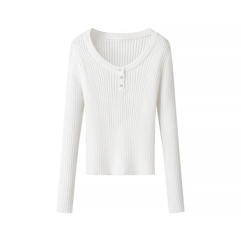 Winter Women Clothing Solid Color Slim Fit Long Sleeves Fastener Decoration Bottoming Sweater