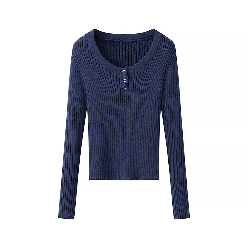 Winter Women Clothing Solid Color Slim Fit Long Sleeves Fastener Decoration Bottoming Sweater