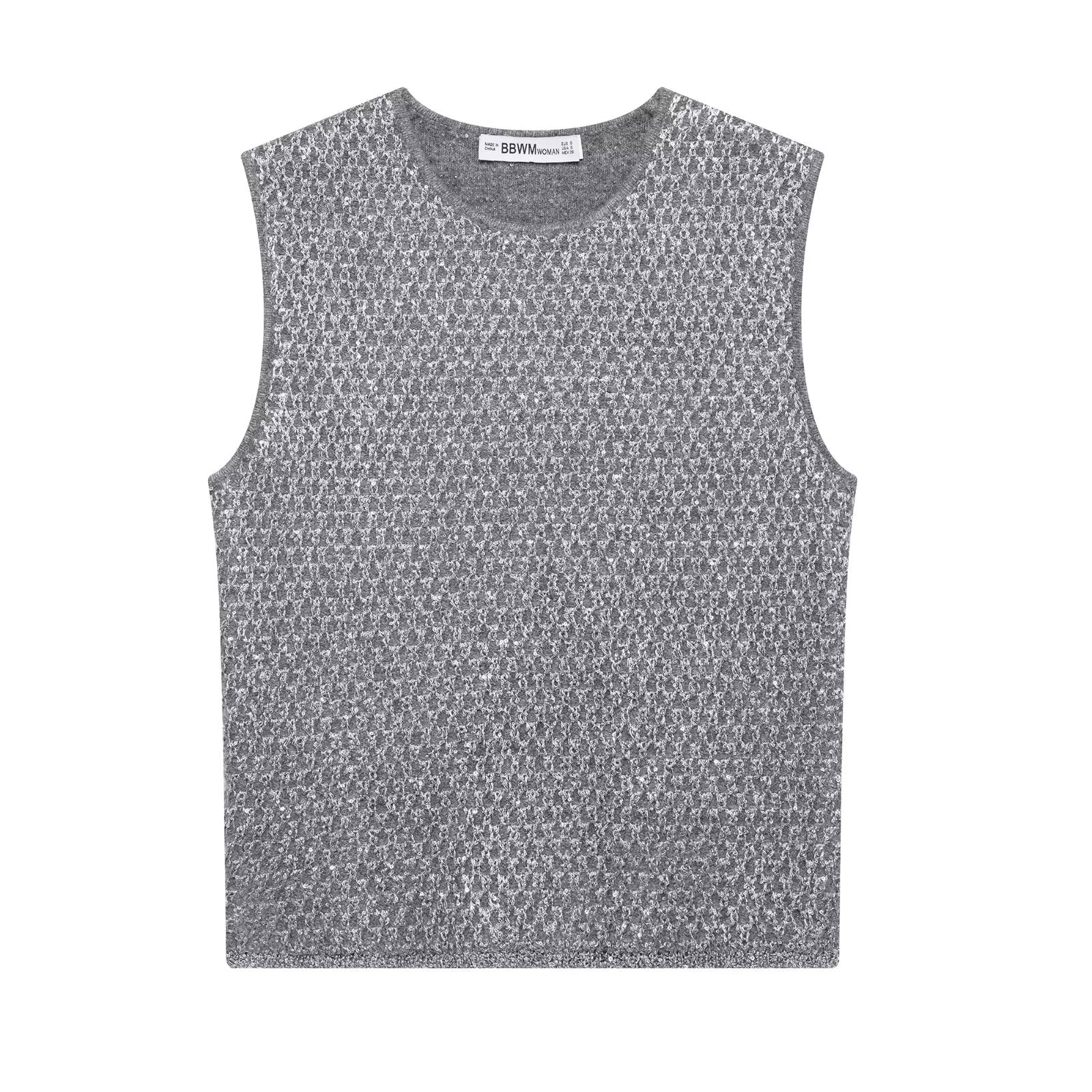 Women Clothing Classic Beads Decoration Metallic Thread Knitted Top Gray