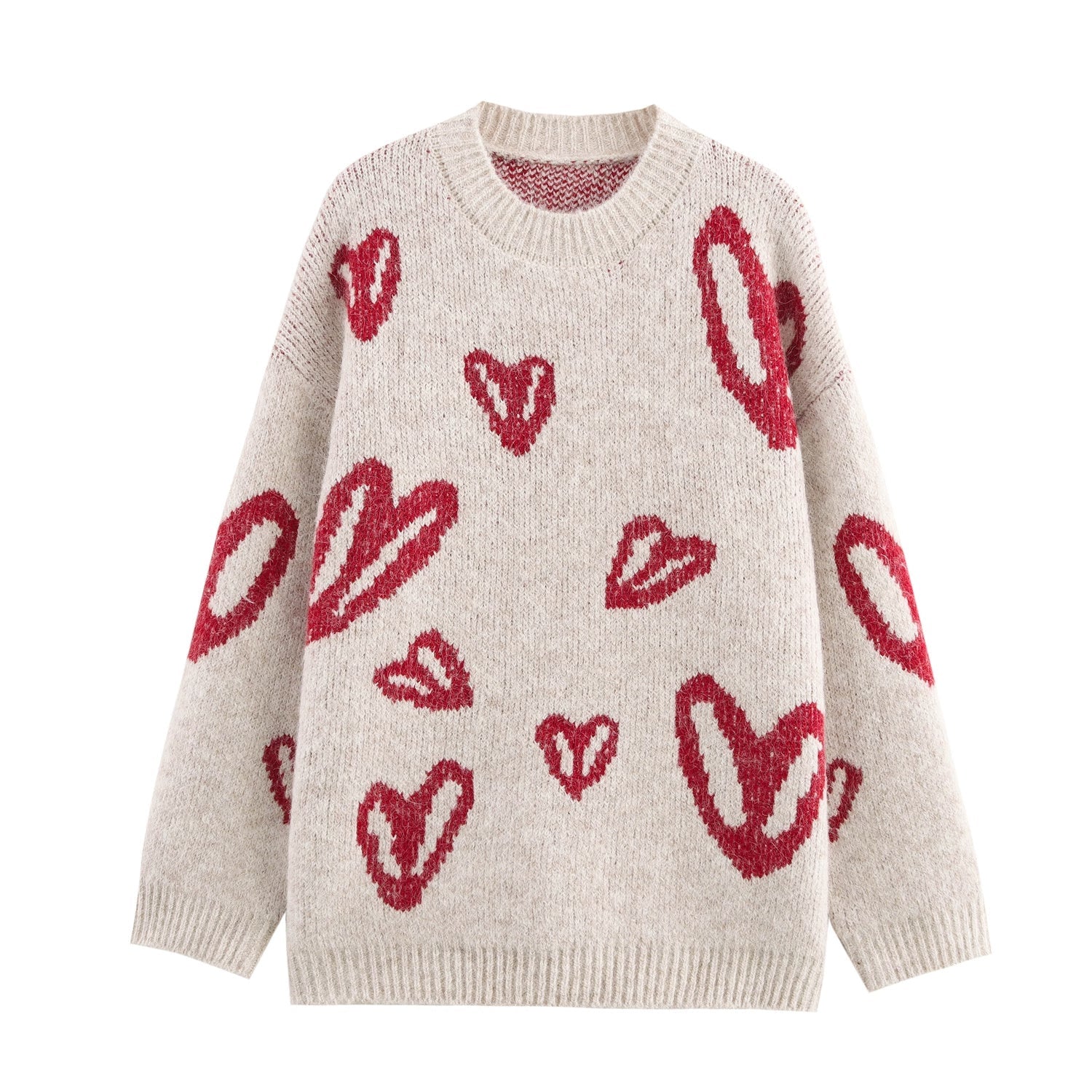 Winter Women Clothing Thickened Heart Jacquard round Neck Knitted Pullover Sweater