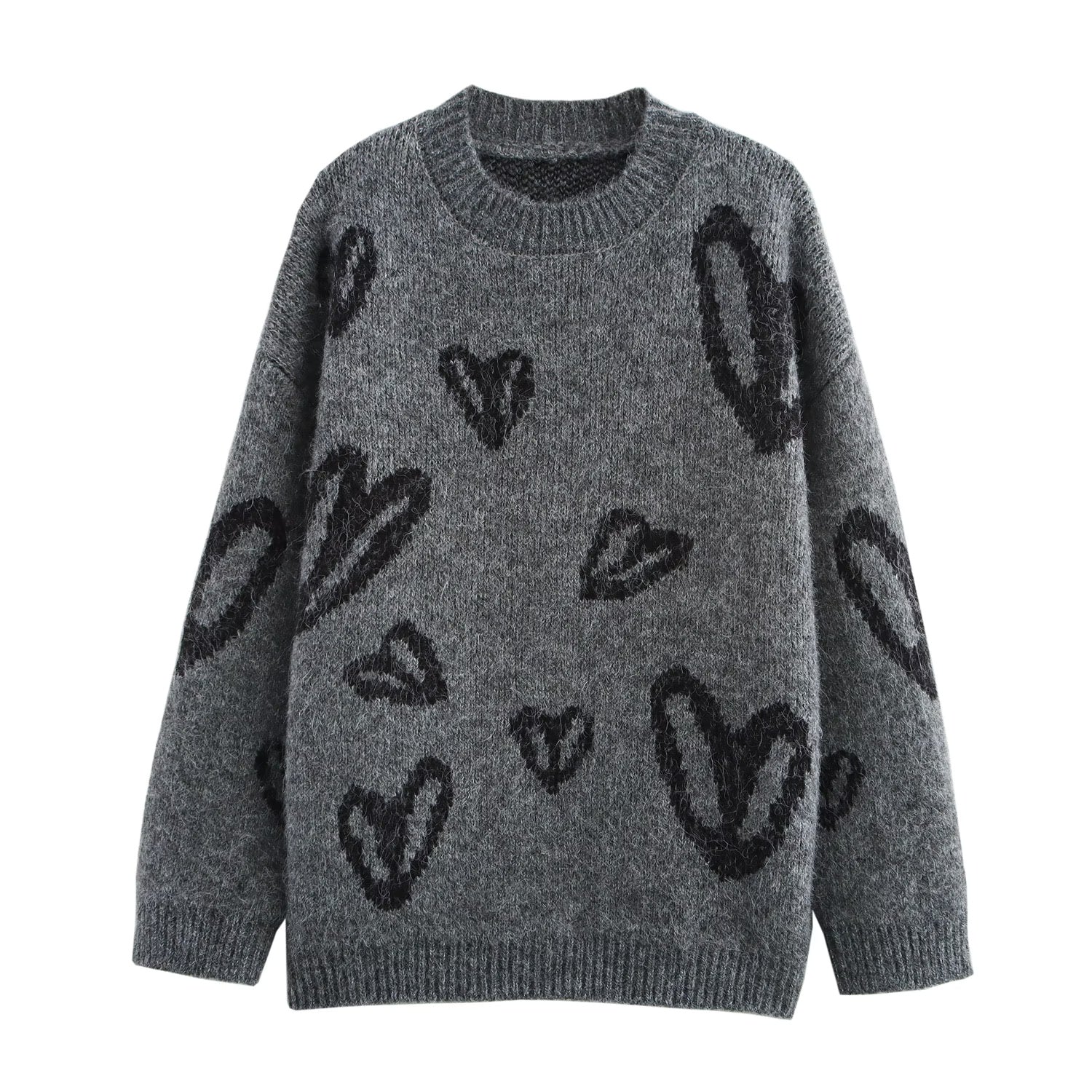 Winter Women Clothing Thickened Heart Jacquard round Neck Knitted Pullover Sweater One Size Gray