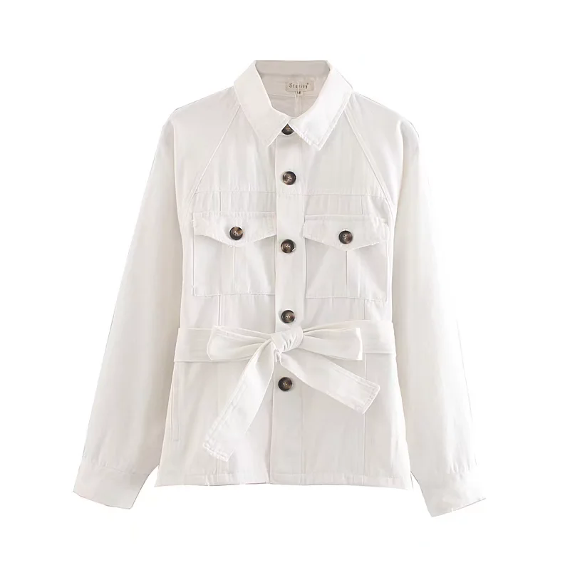 Winter Women Clothing Fashionable Simple Stone Washed Worn Workwear Pocket Shacket White