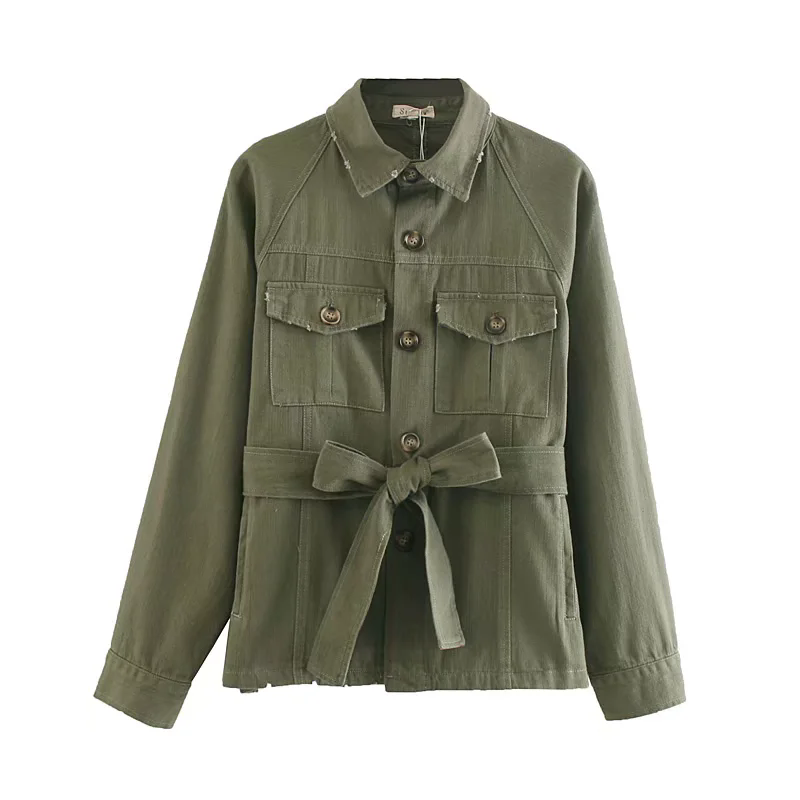 Winter Women Clothing Fashionable Simple Stone Washed Worn Workwear Pocket Shacket Army Green