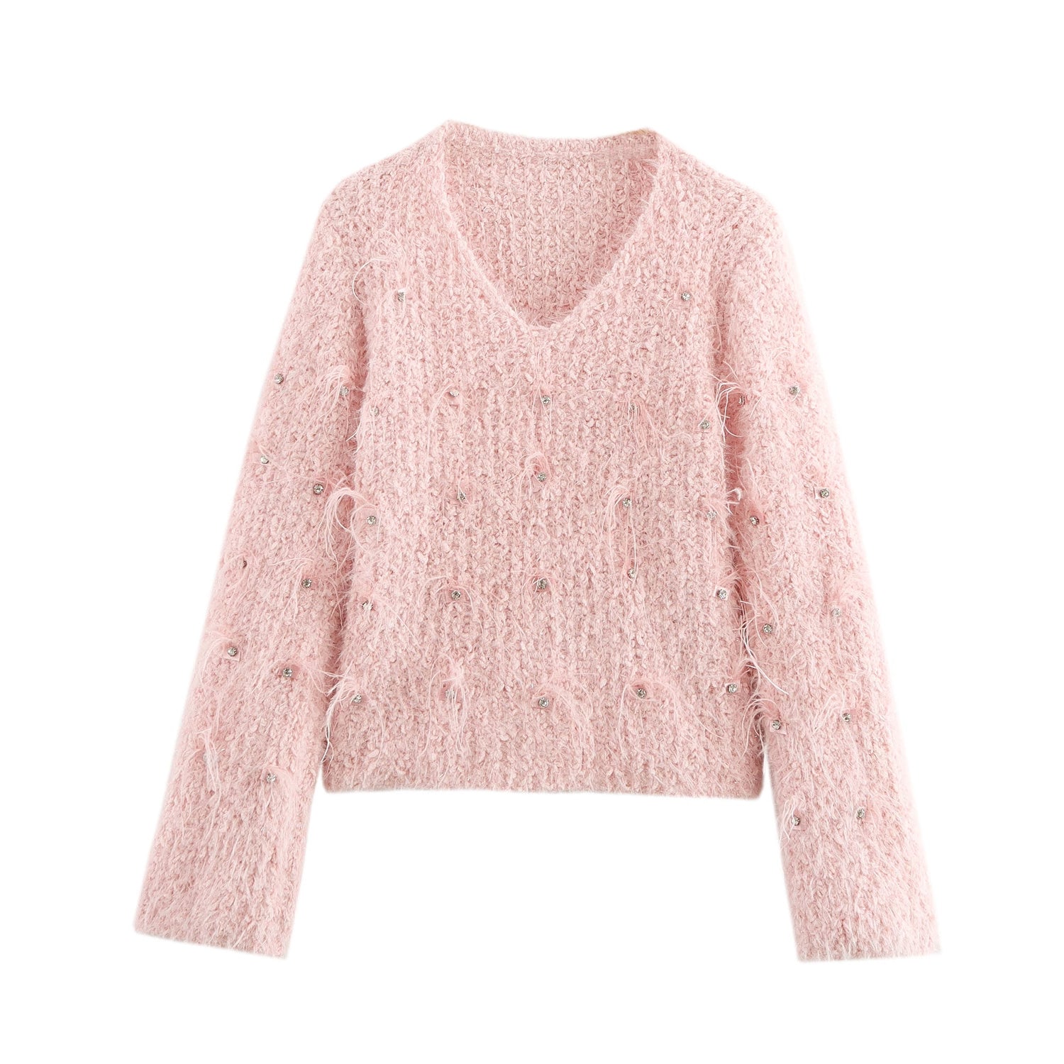 Winter Women Clothing Stick on Crystals Long Fur V neck Fur Knitted Pullover Sweater One Size Pink