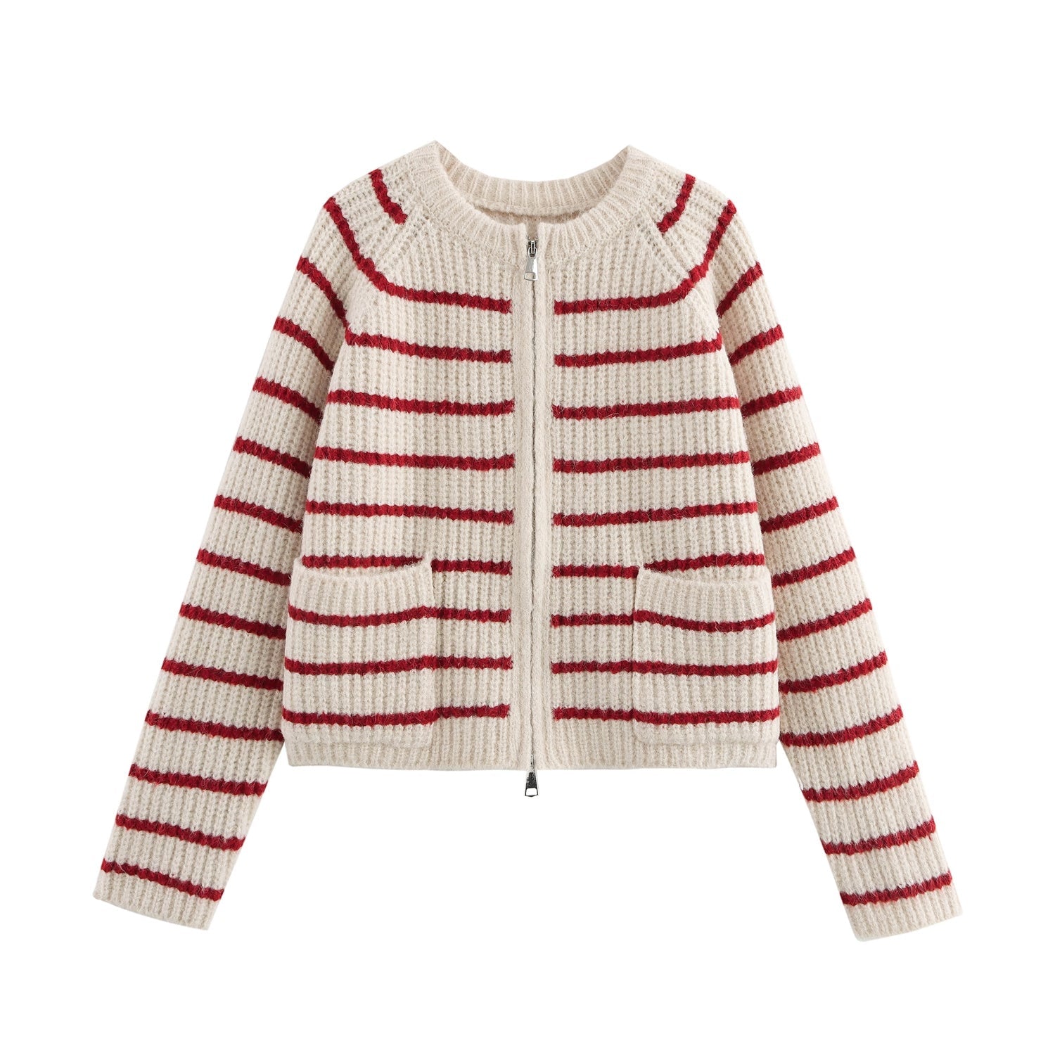 Winter Women Clothing Thick Needle Contrast Color round Neck Zipper Knitted Wool Cardigan